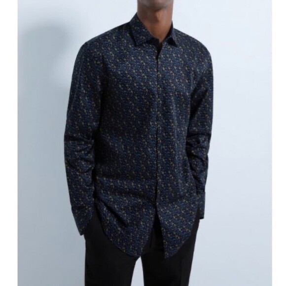 NEW Zara Paisley Micro Print Long Sleeve Button Down Dress Shirt Navy Blue Large - Picture 1 of 12